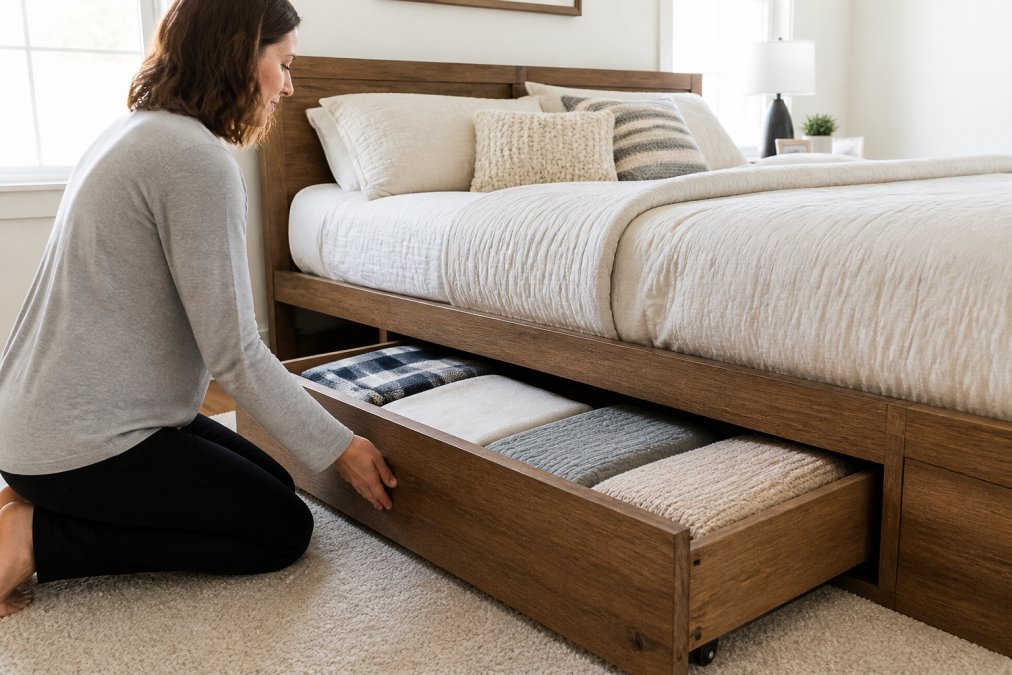 Person sliding a rolling drawer filled with linens from under a solid wood storage bed in a bright bedroom
