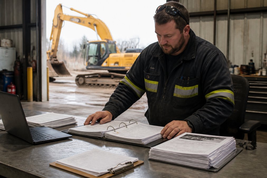 A heavy equipment fleet manager in a warehouse office spreading maintenance binders, service invoices, and a laptop showing a digital asset spreadsheet across a steel desk, with a yellow excavator visible through the open bay door behind him