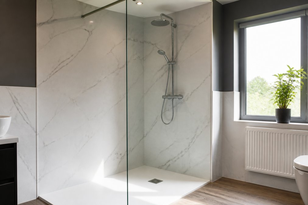 A bright modern bathroom with marble-effect wall panels installed around a walk-in shower enclosure, showing the seamless grout-free surface and clean finish under natural window light