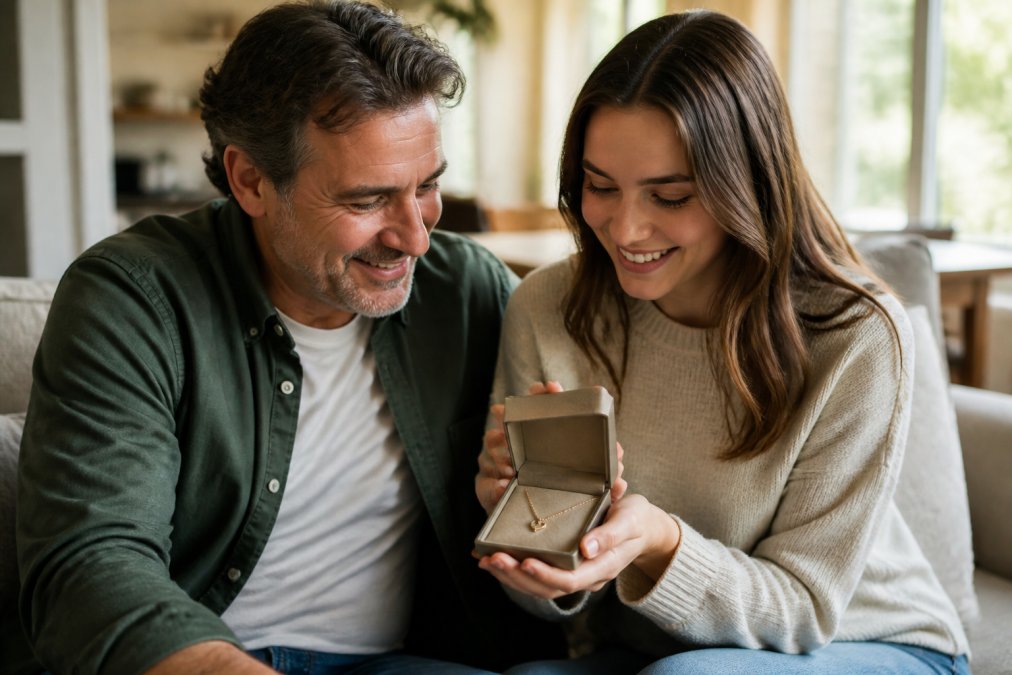 A father and adult daughter sitting together on a couch, smiling as she holds a small jewelry box with a delicate necklace inside, warm natural light filling the room