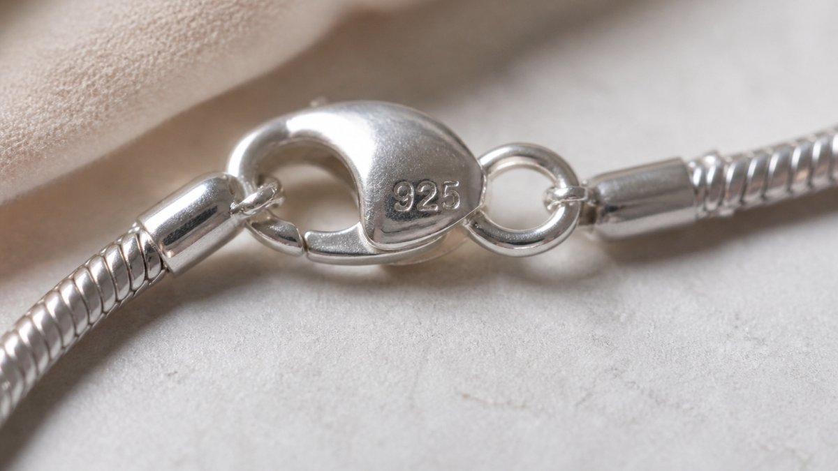 Close-up of a silver jewelry piece with visible 925 hallmark and purity stamp, natural lighting highlighting the engraved details on the metal surface