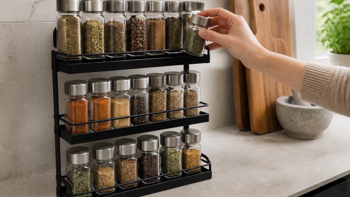 Hand reaching for a glass spice jar on a three-tier black metal rack sitting on a light stone kitchen counter.