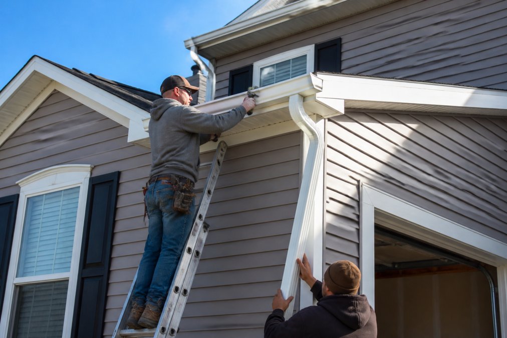 A crew installing a new 6 inch K-style gutter along the roofline of a two-story suburban home, with a ladder, tools, and a downspout being fitted in place
