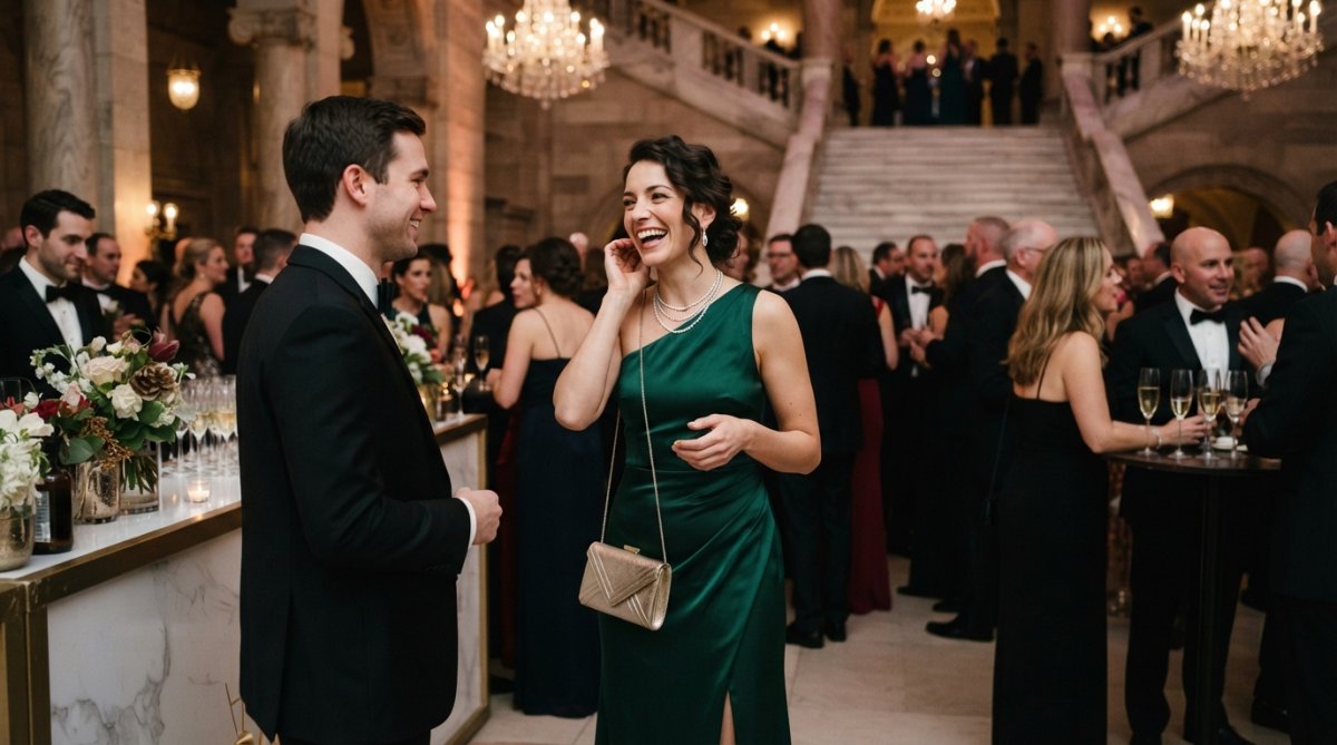 Woman in an elegant formal gown with heels and jewelry at an upscale event venue with dramatic lighting
