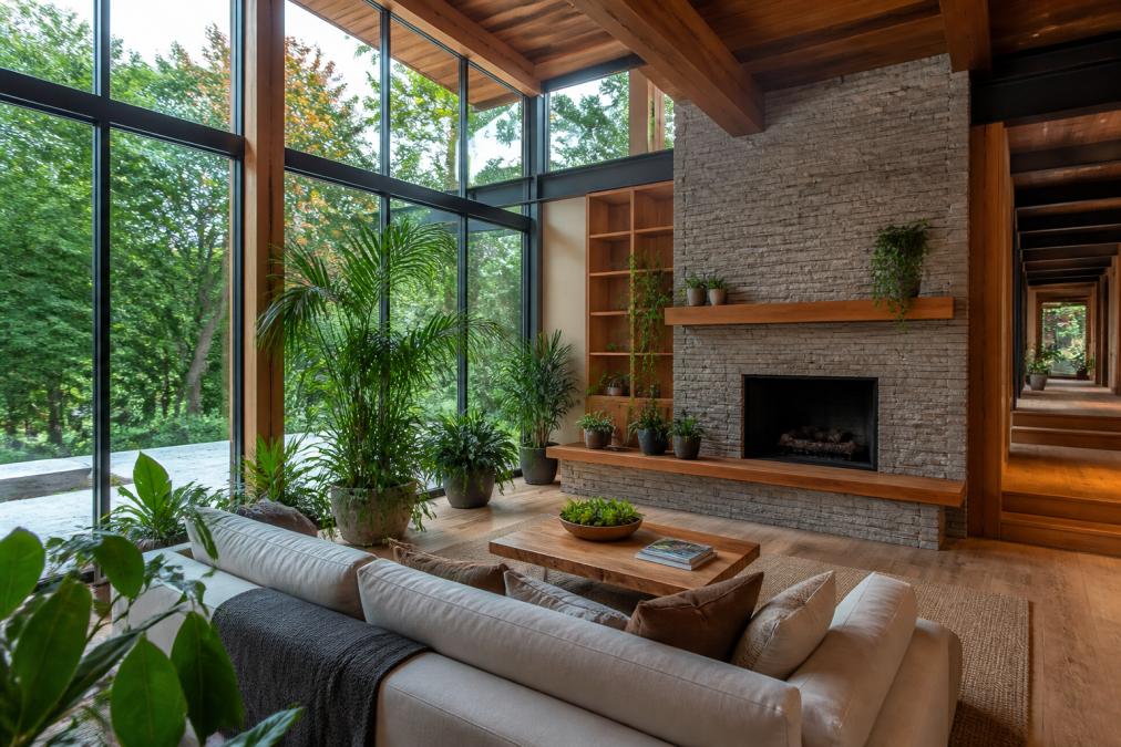 Bright modern interior with floor-to-ceiling windows overlooking natural landscape, featuring abundant indoor plants, natural wood millwork, stone accent walls, and warm natural light creating seamless connection between living space and outdoor environment
