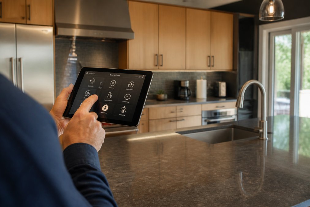 Homeowner's hand operating sleek smart home control panel or tablet displaying intuitive home automation interface in contemporary kitchen with stainless steel appliances and natural wood cabinetry