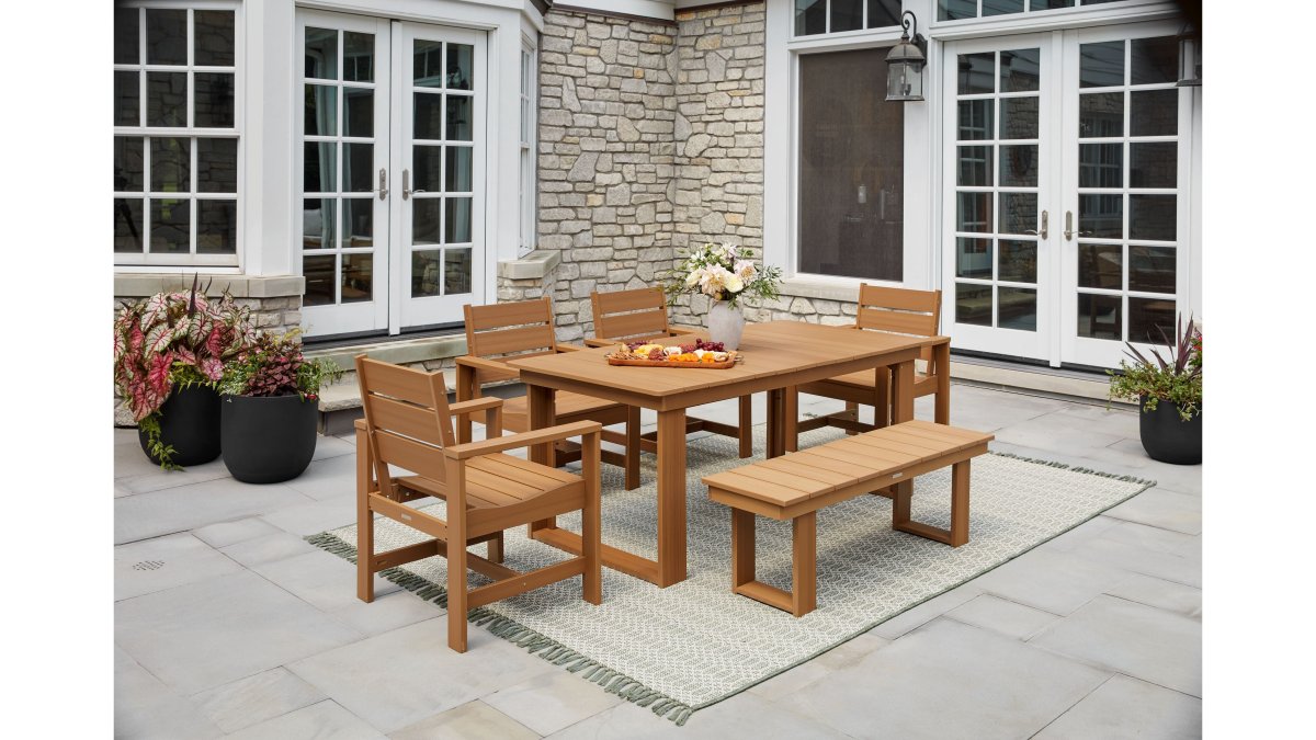 6-Piece Outdoor HDPE Dining Set with Bench, Teak