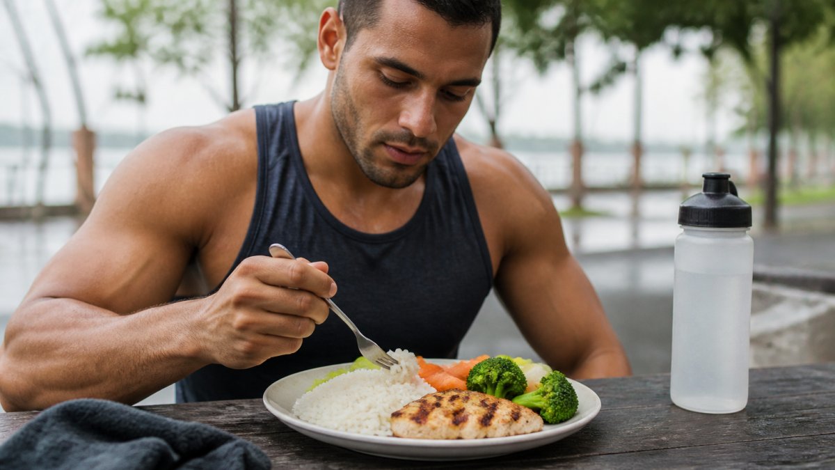 Athlete eating a post-workout recovery meal with white rice, grilled chicken breast, and steamed vegetables after an endurance training session, sitting outdoors with a water bottle nearby