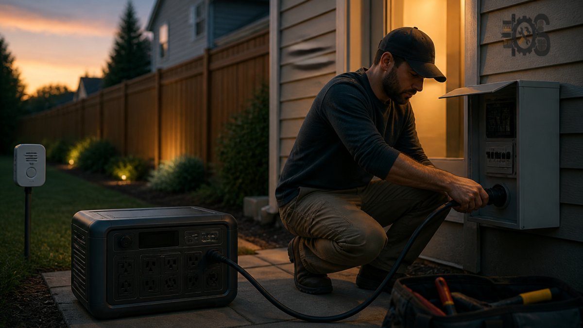Homeowner placing a portable power station on a level backyard surface away from the house wall at dusk.