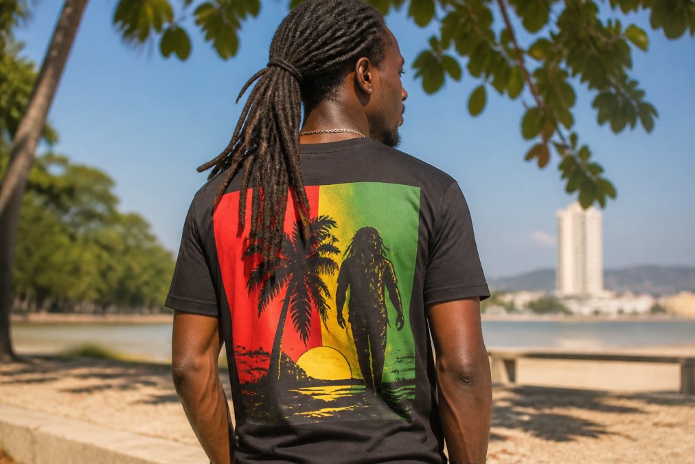 Person wearing a reggae-inspired tee with vibrant red, green, and gold Jamaican graphics, standing outdoors in natural daylight with bold colours visible on the back panel