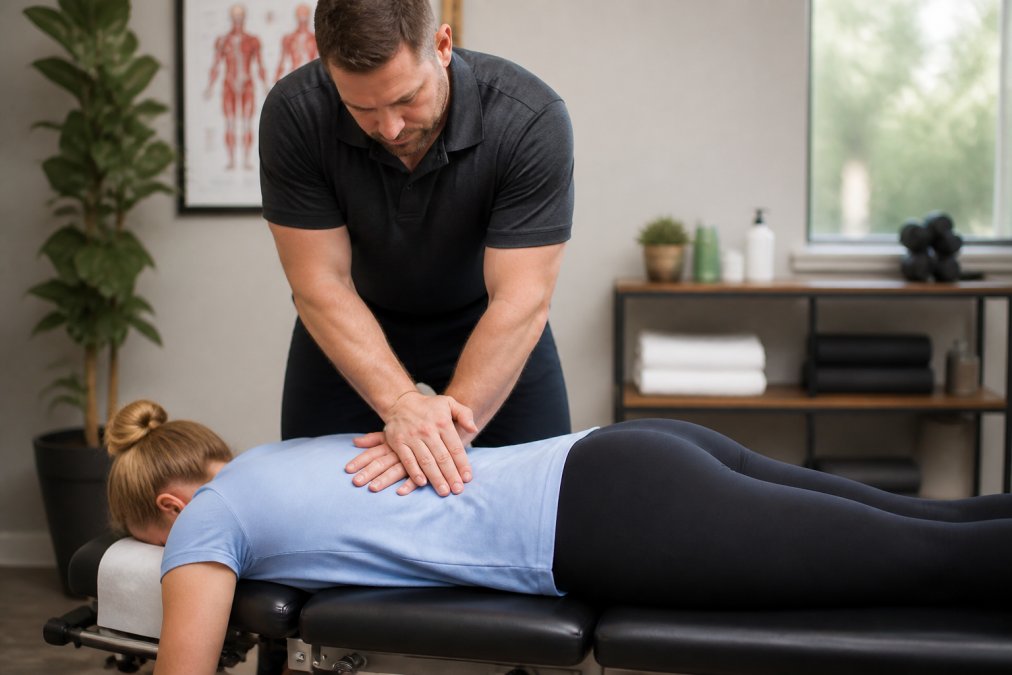 Chiropractor performing a gentle spinal adjustment on a patient lying face-down on an adjustment table in a calm, professional clinic setting with soft lighting