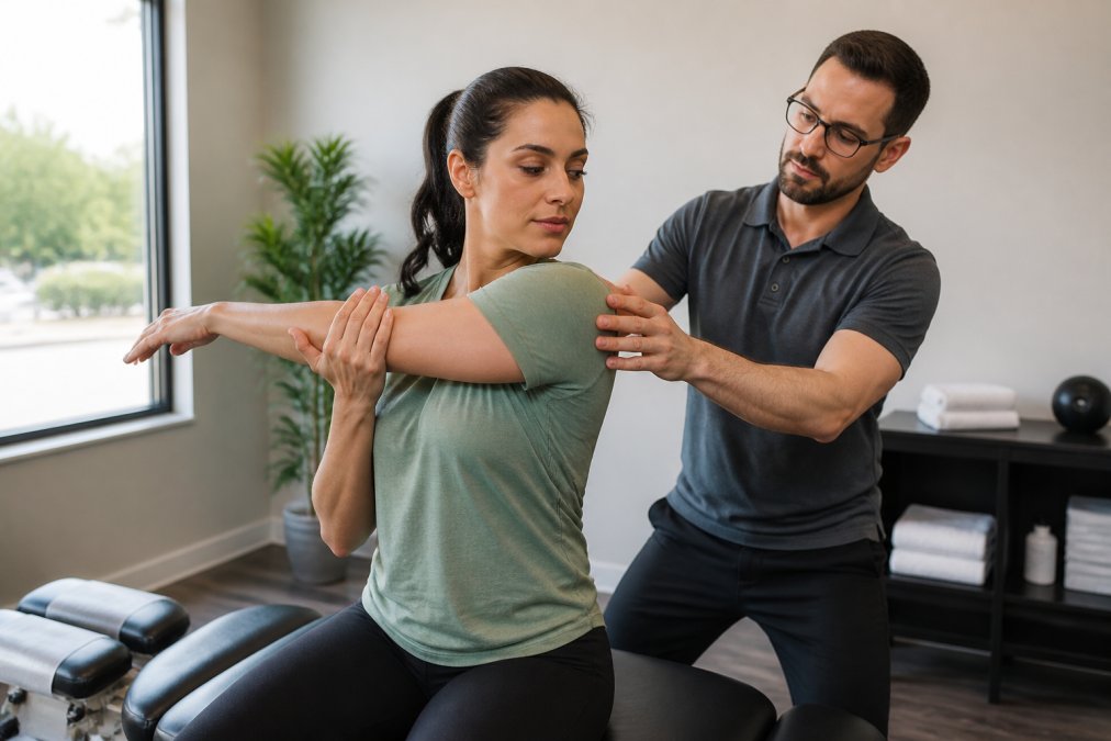 Patient performing a guided therapeutic stretch or mobility exercise with chiropractor observing in a bright, welcoming treatment room with natural light