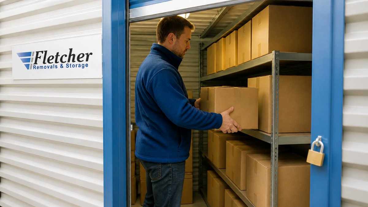 A small business owner in a fleece organising cardboard boxes of stock on metal shelving inside a clean, well-lit self-storage unit, padlock visible on the open roller door