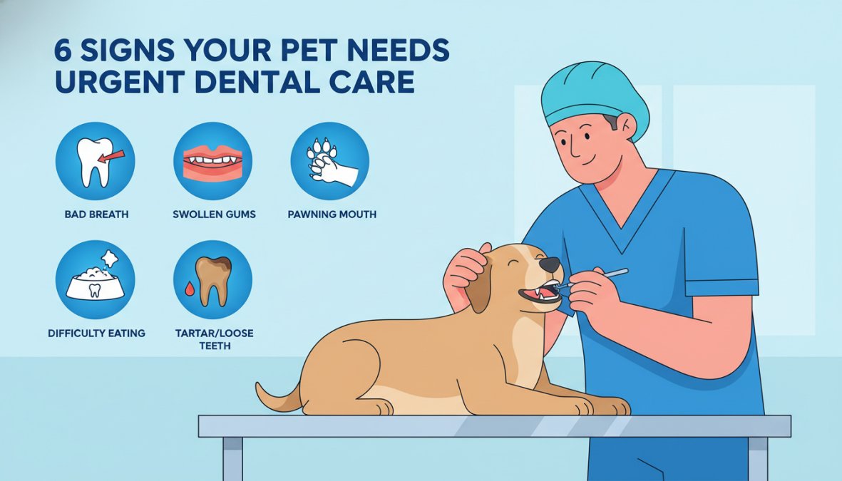 Professional illustration showing 6 signs your pet needs urgent dental care