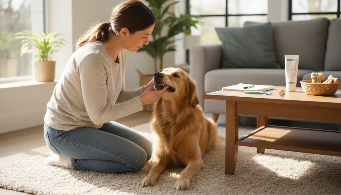 Step-by-step visual guide for pet and owner and kneeling concepts for 6 signs your pet needs urgent dental care