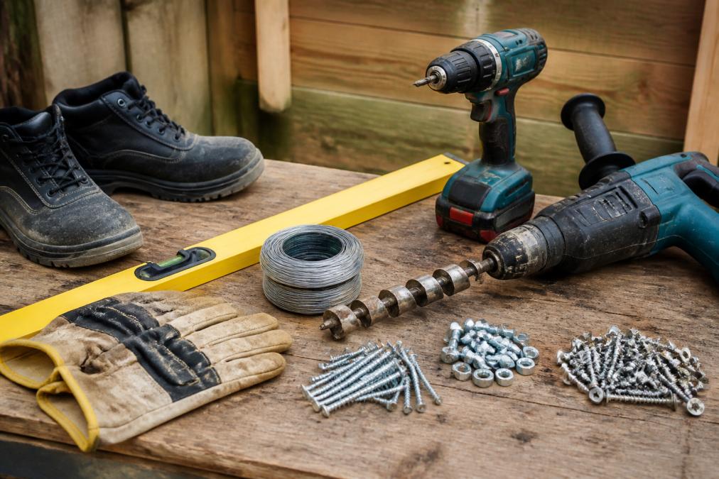 Werkbank met uitgestald gereedschap voor schuttingplaatsing: waterpas, elektrische schroefmachine, boor met grondboorkop, veiligheidsschoenen, werkhandschoenen, metseldraad opgerold, en diverse schroeven en bouten