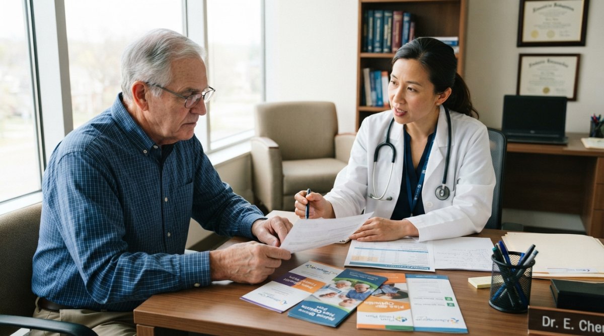 Senior patient meeting with primary care doctor in modern medical office, reviewing insurance documents together on desk with natural window lighting