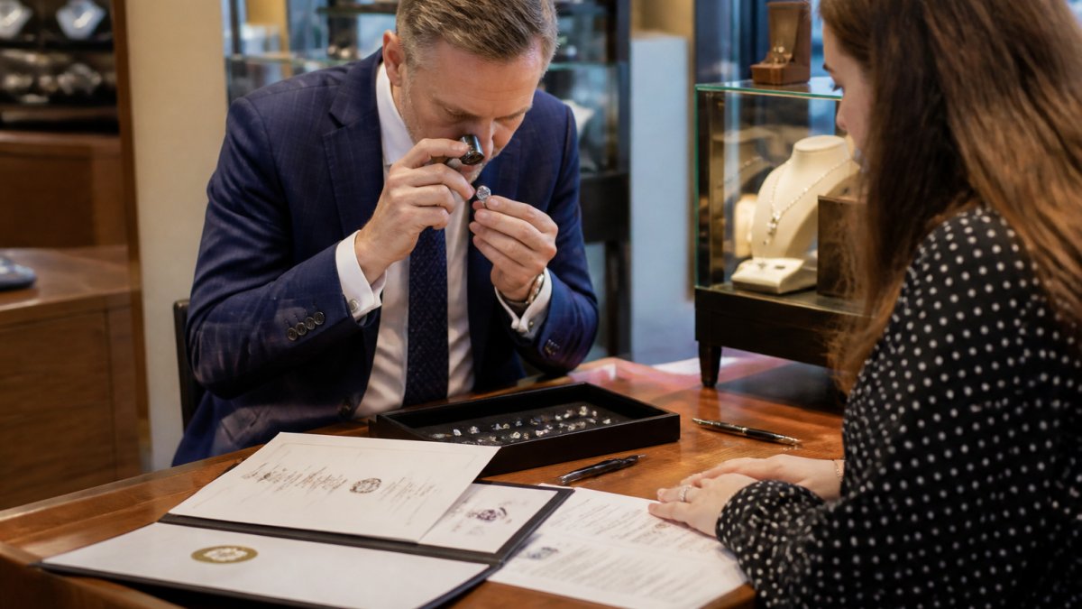 Jeweler reviewing gemstone certificates and stones with a customer at a counter