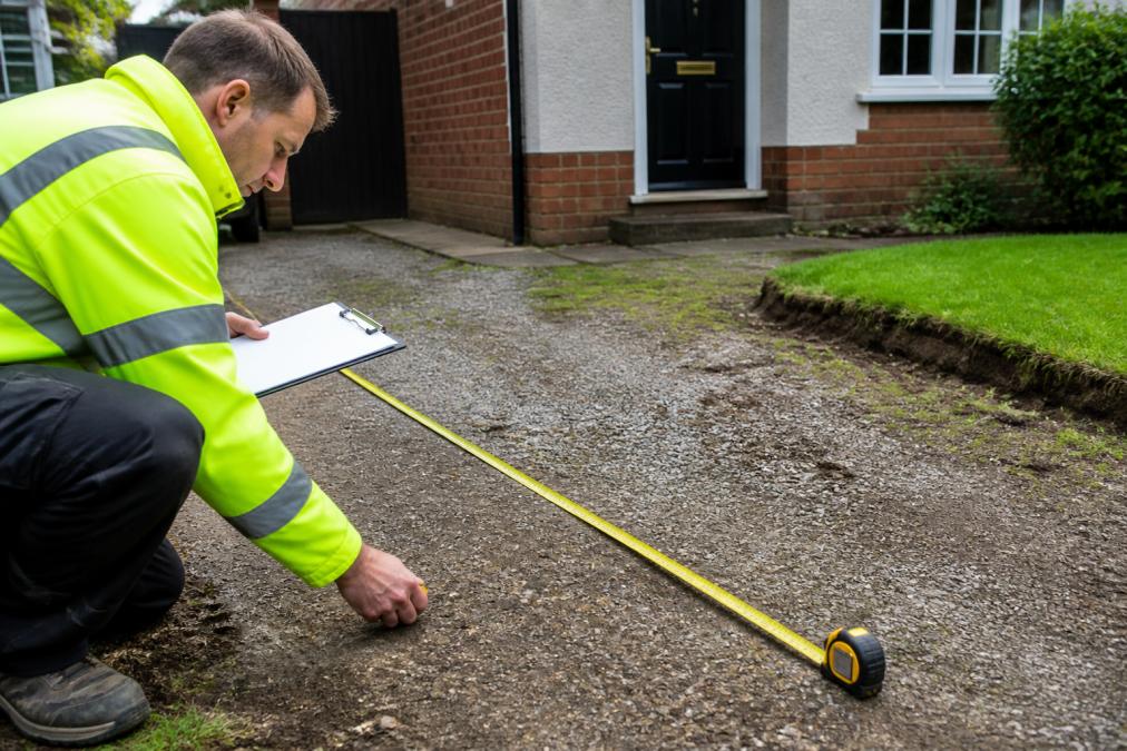Professional surveyor measuring a residential driveway area with measuring tape and clipboard, assessing ground conditions and slope with natural outdoor lighting