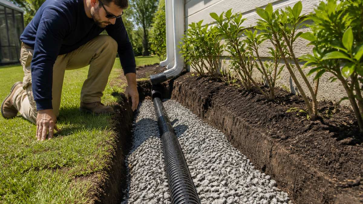 Diagram of a drainage system with perforated pipes and gravel to help prevent sinkhole formation in yards.