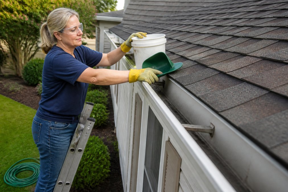 A homeowner wearing safety goggles and work gloves standing on a ladder, placing a gutter scoop and bucket on the roof edge, with a garden hose coiled on the grass below