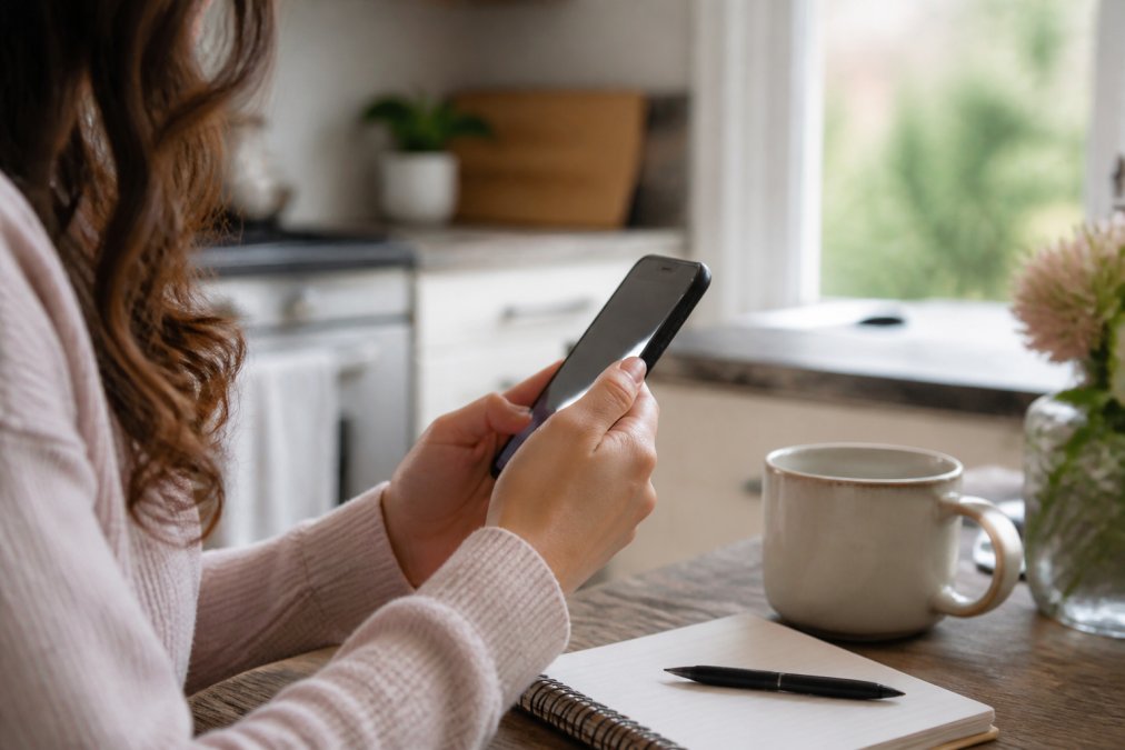 A woman's hands holding a smartphone on a kitchen table, with a coffee mug and a small notebook nearby, showing a calm morning routine