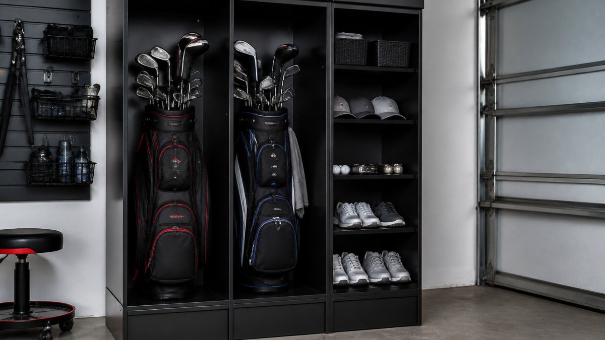Two golf bags stored in a garage organizer with shoes and gear on shelves