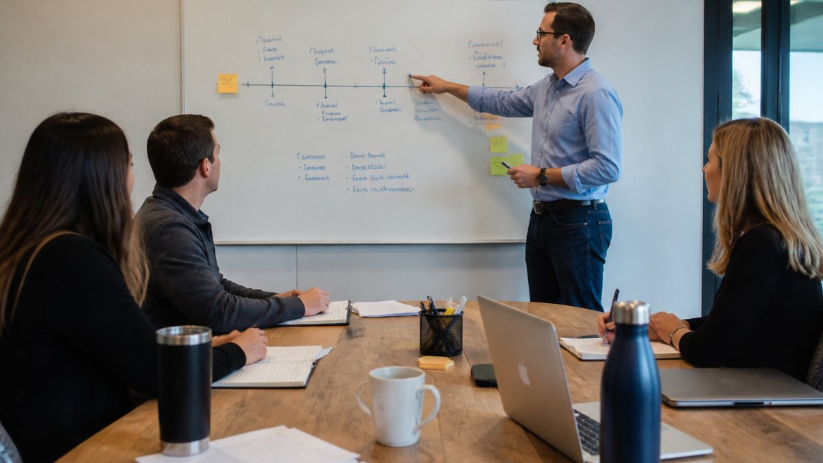 Cross-functional team collaborating on a visual timeline for a successful CRM deployment strategy