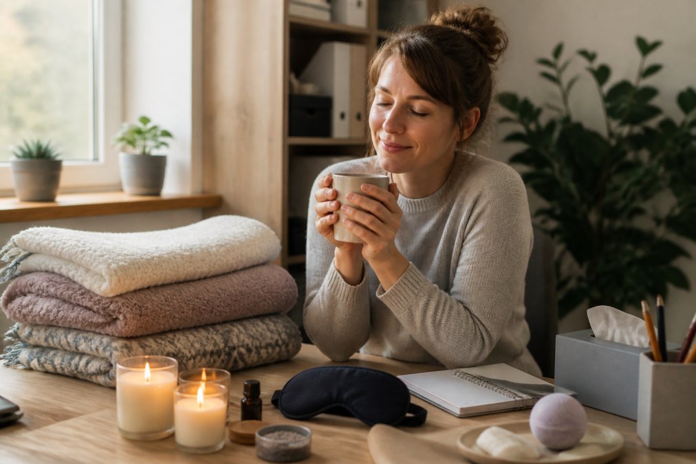 Teacher at their desk surrounded by wellness items including candles, eye masks, and cosy blankets, looking relaxed and genuinely appreciated