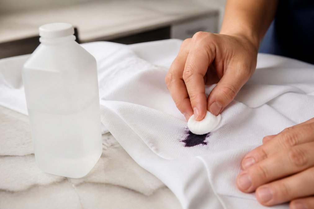 A bottle of isopropyl rubbing alcohol positioned next to a cotton pad being applied to a visible ink stain on white polyester fabric, showing the treatment in progress with clear lighting