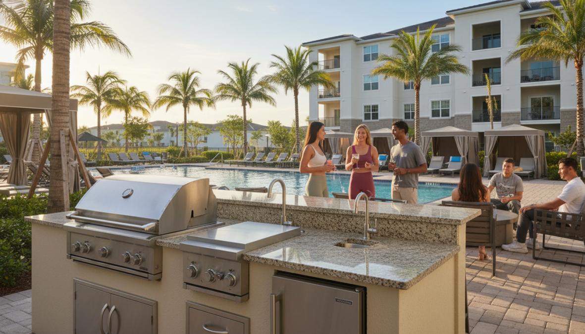 A modern apartment fitness center with rows of stainless steel cardio equipment and free weights, floor-to-ceiling windows overlooking a resort-style pool area, a resident using a treadmill in bright natural Florida sunlight streaming through the glass