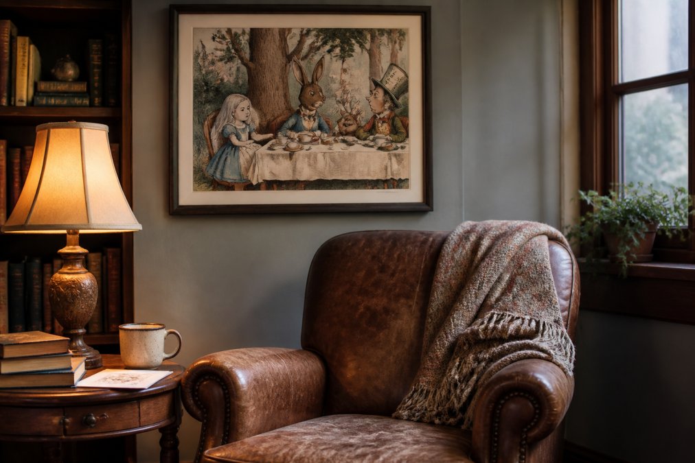 A framed Alice in Wonderland tea party poster hanging above a cozy reading nook with a worn leather armchair and a warm lamp glowing beside it