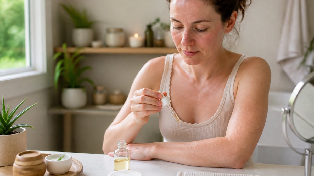 A woman with sensitive skin gently applying a drop of facial serum to her inner forearm, sitting at a bathroom counter with a small bottle and a patch-testing note card nearby, soft natural light