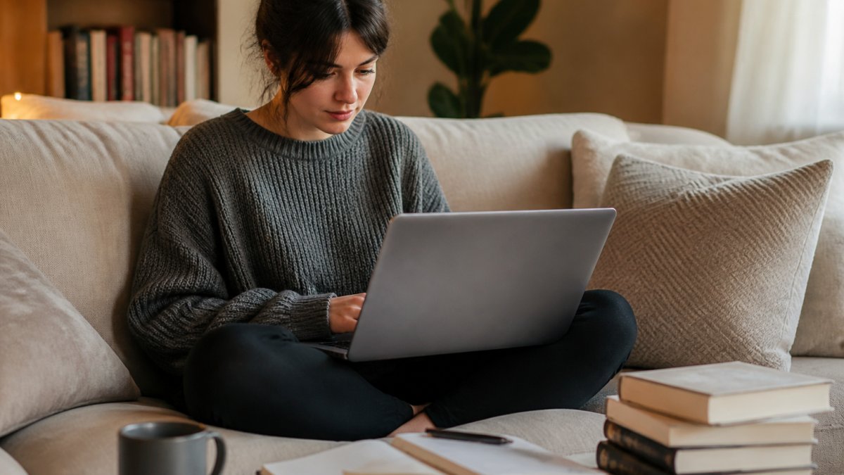 Person sitting on a couch with a laptop to connect with readers in online forums surrounded by paperback books