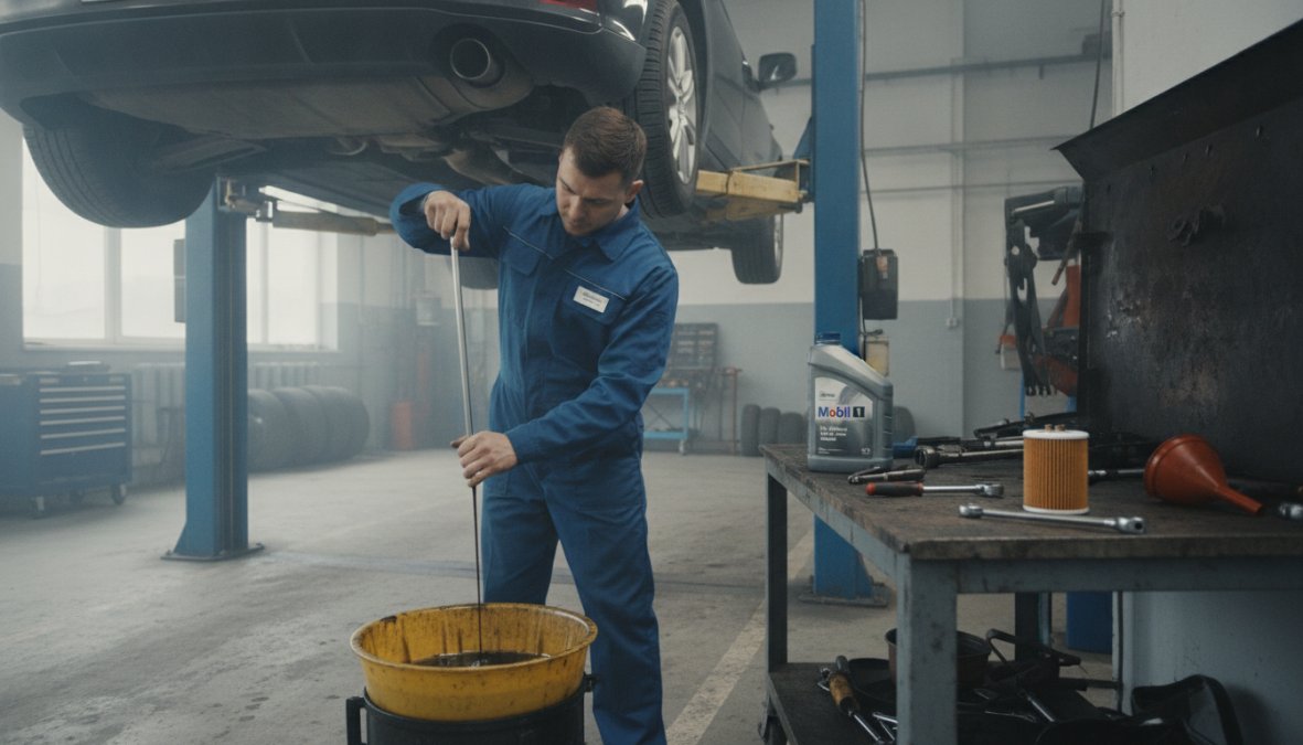 A mechanic in a clean, well-lit workshop performing an [oil change](/oil-change) on a raised car, with a bottle of full synthetic motor oil and a used oil filter resting on a metal workbench nearby