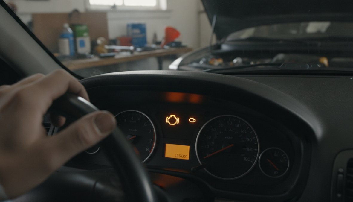Close-up of a car dashboard with the amber check engine warning light illuminated, the driver's hands resting on the steering wheel slightly visible in soft background blur