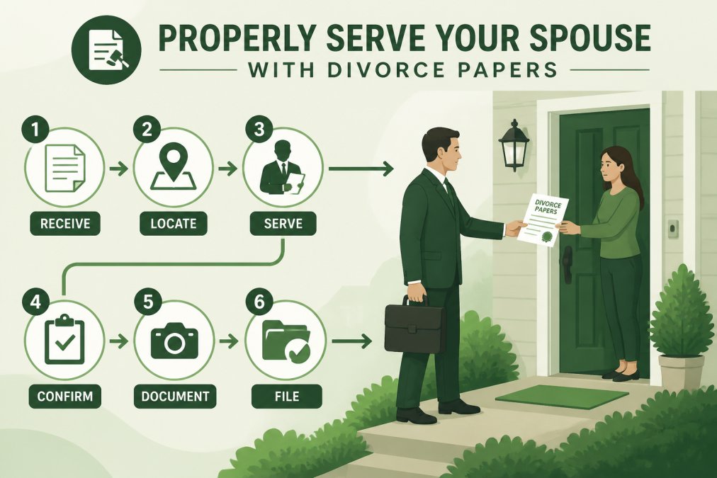 Professional process server in business attire delivering legal documents to a residential front door, showing the formal exchange of divorce papers