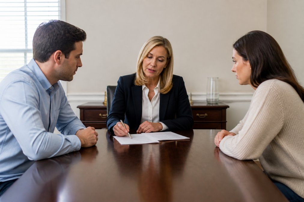 Two people seated at opposite ends of a table with a neutral mediator in professional attire between them, discussing documents in a bright, neutral office setting