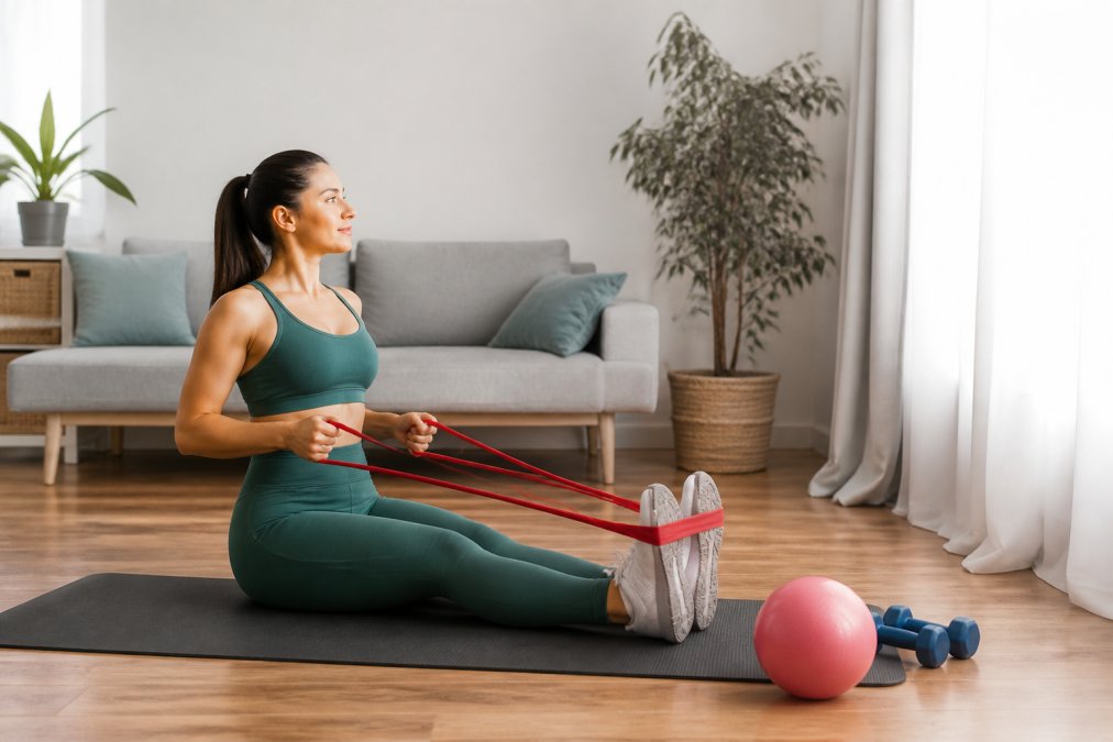 A person in comfortable workout clothes using resistance bands and a small yoga ball in a bright, tidy living room with minimal furniture pushed aside