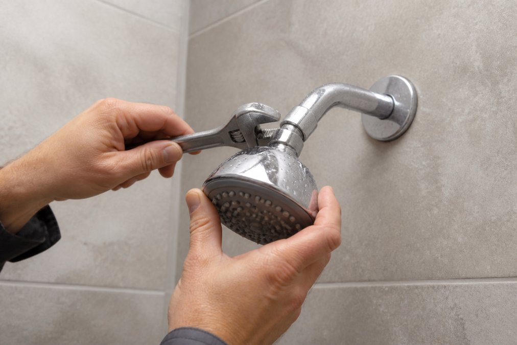 Close-up of hands installing a chrome low-flow showerhead onto a shower arm in a tiled bathroom, wrench in one hand, water droplets on the fixture