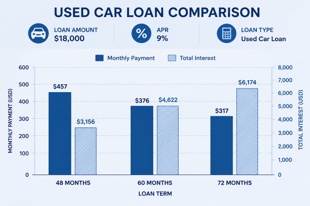 Bar chart comparing three loan scenarios on an $18,000 used car loan: 48-month term at 9% APR (higher monthly payment, lower total interest), 60-month at 9% APR, and 72-month at 9% APR (lowest monthly payment, highest total interest). Show monthly payment and total interest side by side.