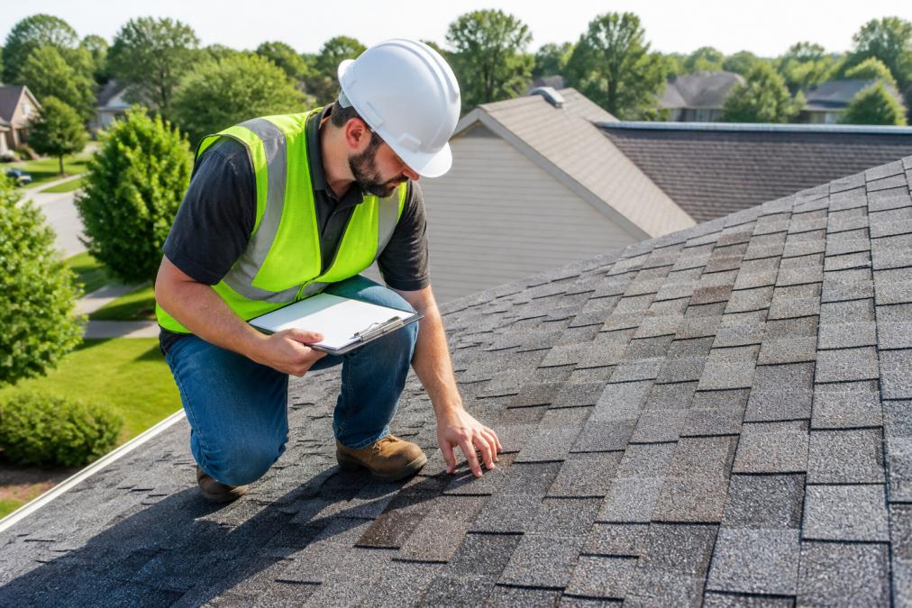 Roofing professional in safety gear inspecting asphalt shingles to prevent roof damage on a sunny day