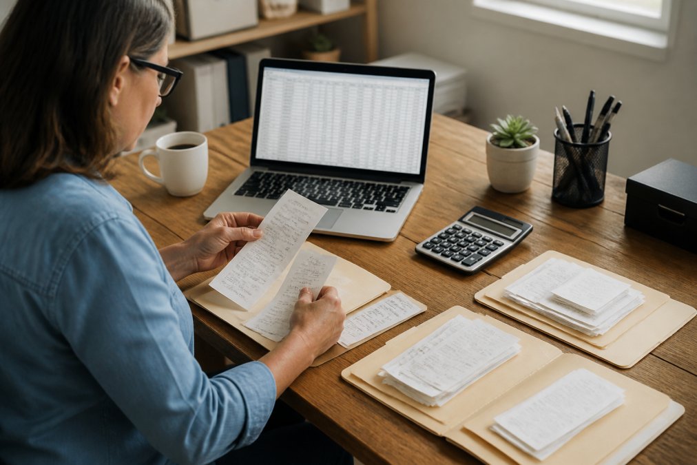 A small business owner at a tidy desk sorting paper receipts into labeled folders next to a laptop showing a spreadsheet, with a calculator and coffee mug nearby