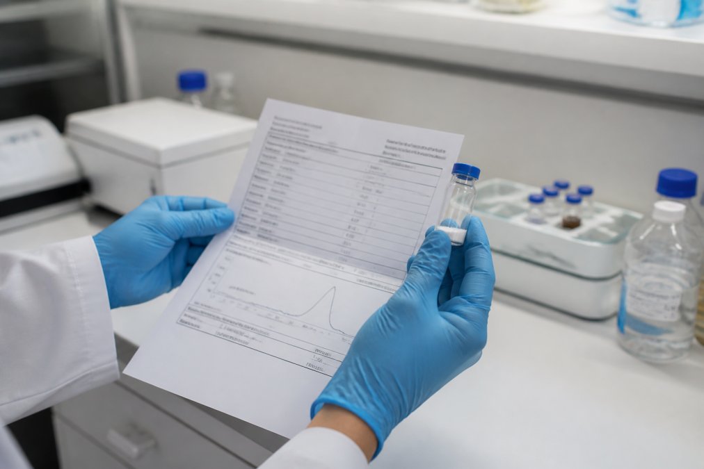 Close-up of a researcher's gloved hands holding a printed Certificate of Analysis document next to a sealed peptide vial on a clean laboratory bench, bright overhead lighting