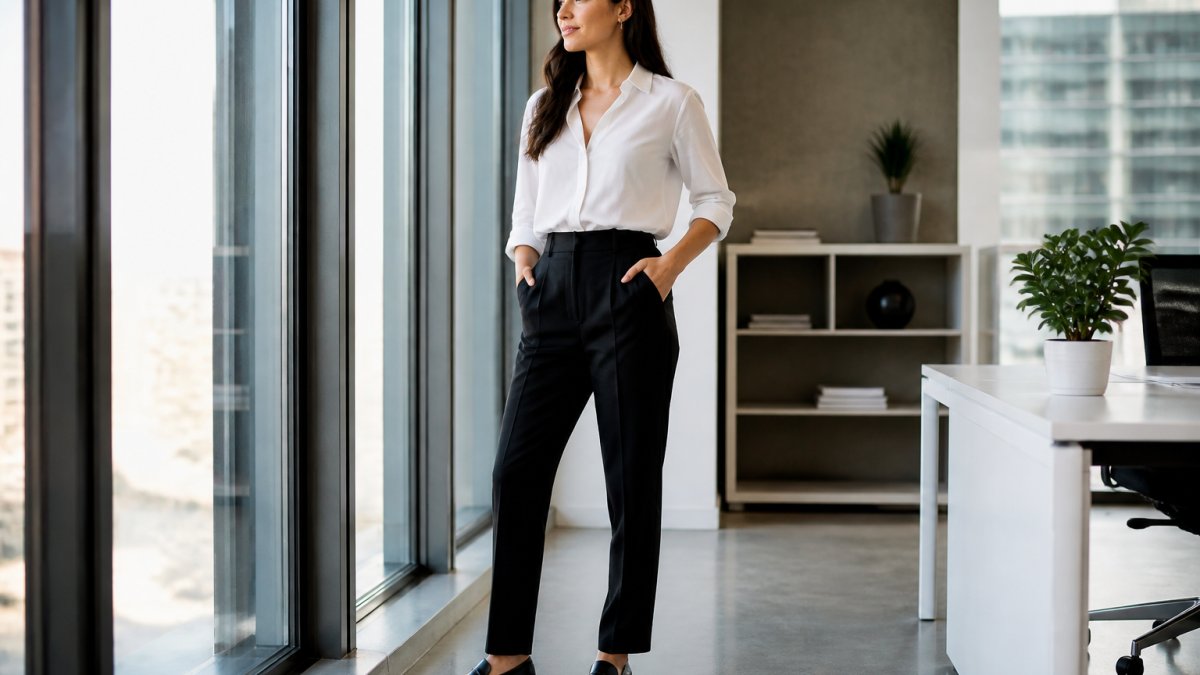 Professional woman wearing a polished monochrome office outfit with tailored black trousers, crisp white blouse, and black leather dress shoes, standing confidently in a bright modern office with natural light from floor-to-ceiling windows
