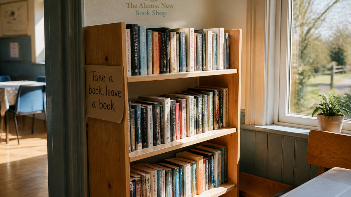 A wooden community book exchange shelf in a village hall corner, filled with gently used paperbacks and a hand-written sign reading 'Take a book, leave a book', warm afternoon light through a window