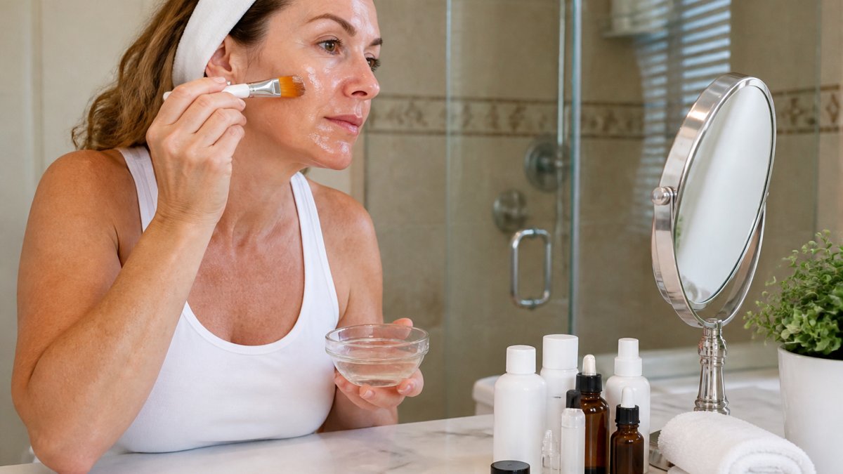 Woman in her 40s safely applying chemical peels for acne with a brush in a well-lit bathroom setting.