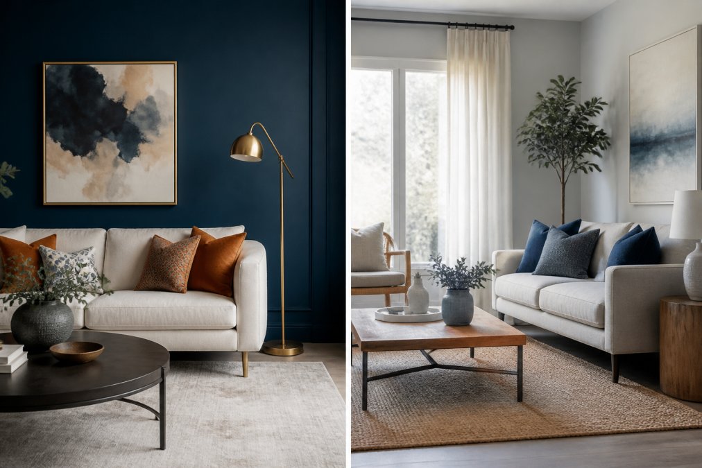 A living room with a deep navy accent wall, a cream sofa with rust-colored throw pillows, and a brass floor lamp, showing complementary color contrast