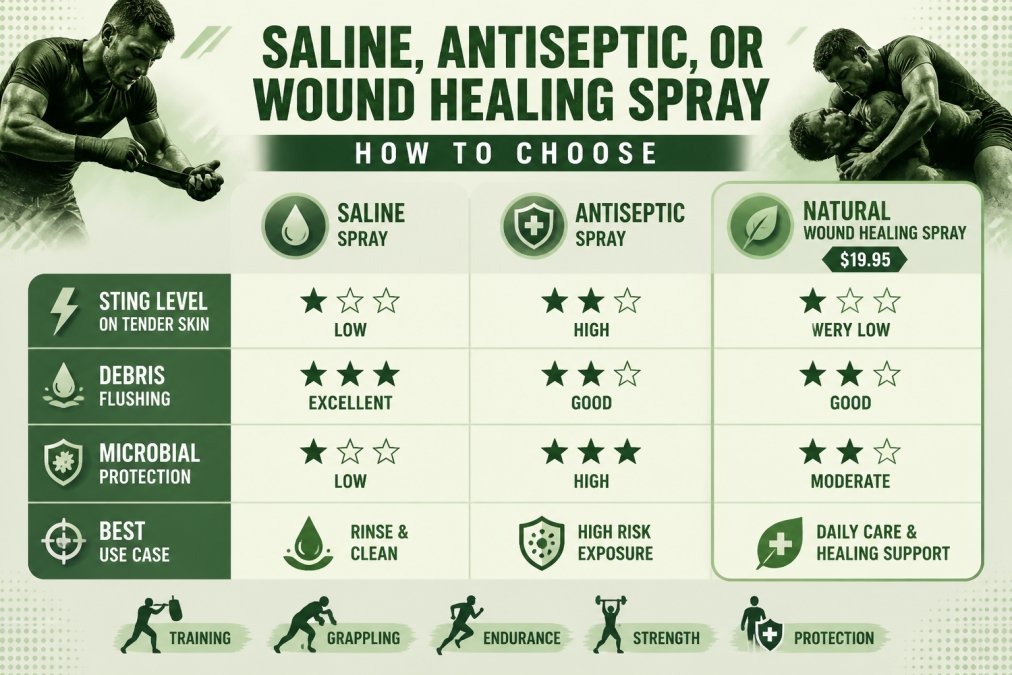 Comparison chart evaluating saline, antiseptic, and natural sprays for wound care and debris flushing.