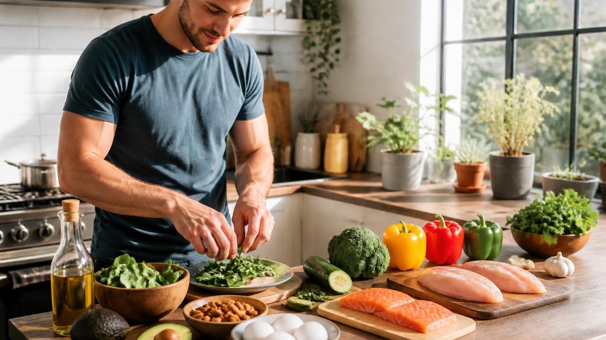 Person preparing keto meals in a kitchen with fresh vegetables, proteins, and healthy fats laid out on a counter, morning natural light streaming through windows